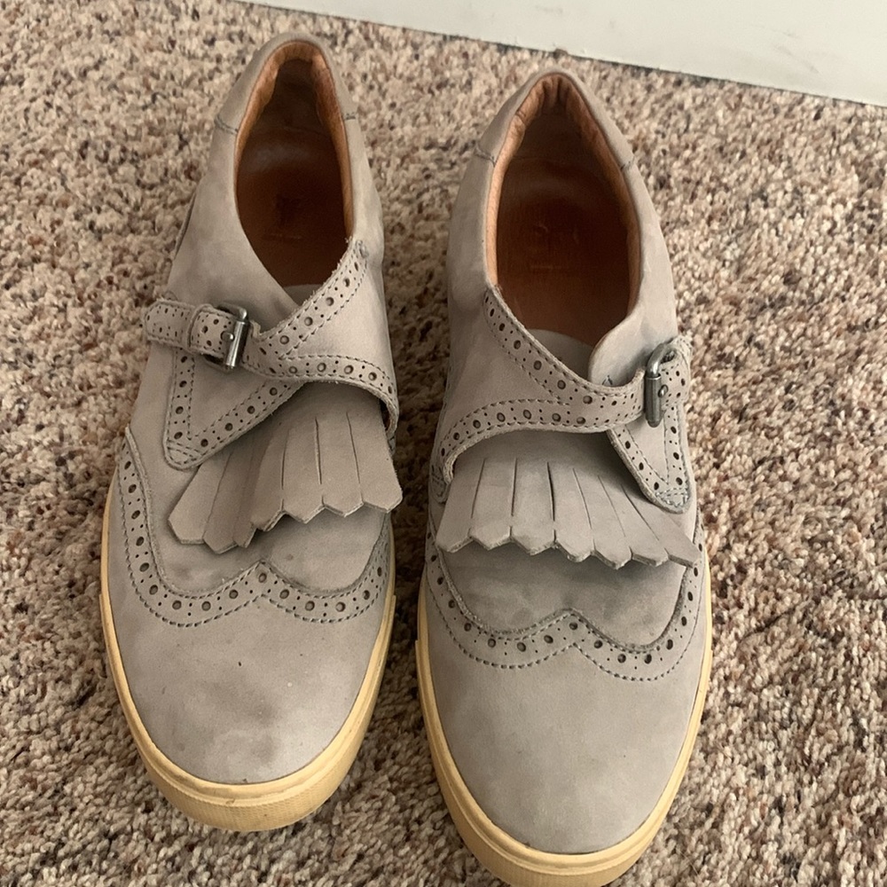 Frye buckle sneakers.  Cute and comfortable. Sz 9. Gray with cream rubber soles